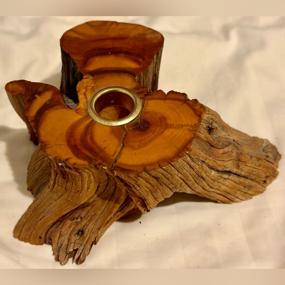 Vintage 70s Mid Century Candle Holder Raw Edge Wood Mountain Cabin Candleholder - Picture 13 of 16